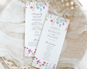 May include: Wedding ceremony programme with floral illustrations. The programme includes the names Rosalie and Elliot, the date 06.16.2020, and a list of the ceremony events.
