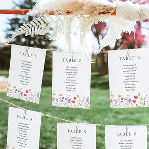 Kaartsjabloon bruiloft zitplaatsen, boho zitplaatsen grafiek kaarten, Wildflower bruiloft tafel zitplaatsen grafiek teken, afdrukbare 5 x 7 zitplaatsen kaarten, S2