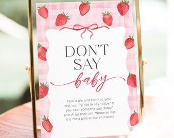 Don’t Say Baby Game Template, Strawberry Baby Shower Game Berry Sweet Baby Shower Don’t Say Baby Sign, Wavy Pink Baby Shower Game, 12B