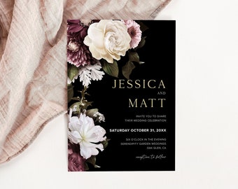 Moody Floral Wedding Invitation Template, Dark Flowers Wedding, Botanical Invite, Garden Wedding, Printable, Editable, Instant Download, D1