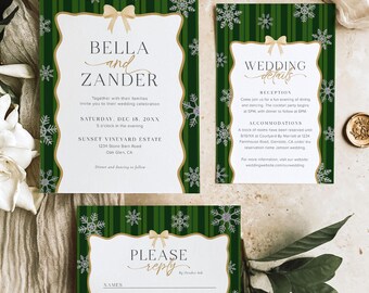 Plantilla de invitación de boda navideña, invitación de boda de invierno, invitación de boda con copos de nieve, invitación de boda con temática de nieve de invierno, C8