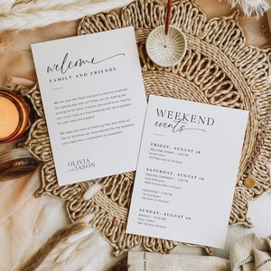 Plantilla de nota y línea de tiempo de la bolsa de bienvenida de la boda, línea de tiempo minimalista de los eventos de la boda, orden de eventos del fin de semana de la boda imprimible, editable, M2