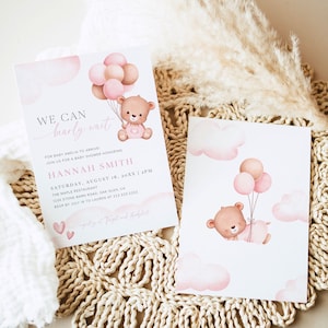 Girl Teddy Bear Theme Baby Shower Invitation Template, Editable Pink Balloon Baby Girl Shower Invite, We Can Bearly Wait Invite Download, 2B