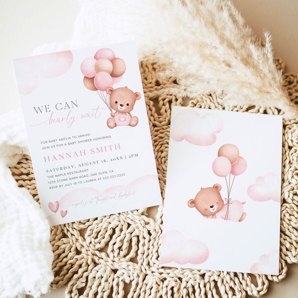 Girl Teddy Bear Theme Baby Shower Invitation Template, Editable Pink Balloon Baby Girl Shower Invite, We Can Bearly Wait Invite Download, 2B