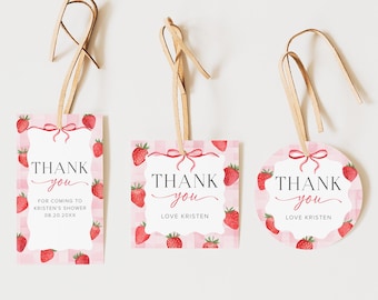 Plantilla de etiqueta de regalo para baby shower con diseño de bayas dulces, etiqueta redonda de regalo para baby shower con fresas, etiqueta de regalo para baby shower ondulada rosa, etiqueta de regalo para baby shower 12B
