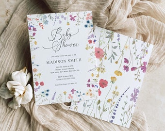 Boho Baby Shower Invitation Template, Wildflower Baby Shower Invitation Floral Baby Shower Invitation, Baby Shower Invitation Digital, 6B