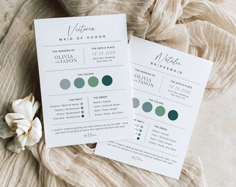Peut inclure: Deux cartes blanches avec du texte noir décrivant les rôles de demoiselle d'honneur et de demoiselle d'honneur pour un mariage. Les cartes comprennent les noms de la mariée et du marié, Olivia et Jason, la date et le lieu du mariage, ainsi qu'une palette de couleurs avec des nuances de vert et de bleu.