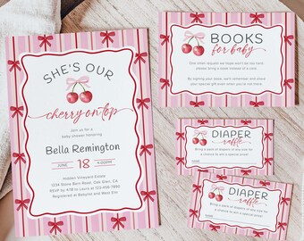 Cherry Baby Shower Invitation Template, Cherry On Top Baby Shower Invitation Pink Bow Baby Shower Invite Coquette Cherry Baby Shower, 13B