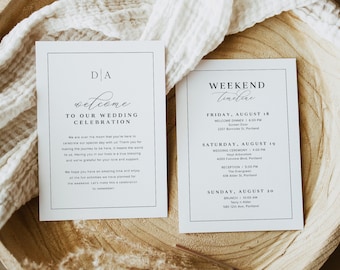 Plantilla de línea de tiempo de eventos de fin de semana de boda, orden minimalista de eventos de boda, nota de bolsa de bienvenida de boda editable, carta de bienvenida moderna, M4