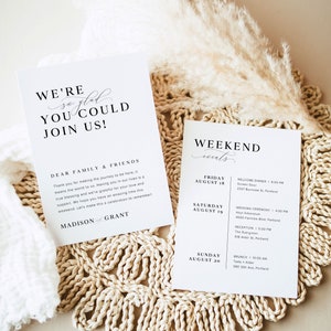 Plantilla de línea de tiempo del fin de semana de bodas, orden minimalista de eventos de boda, nota de bolsa de bienvenida de boda imprimible, tarjeta de eventos de boda moderna, M3