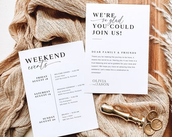 Carta de bienvenida minimalista y plantilla de línea de tiempo, línea de tiempo de fin de semana de boda imprimible, tarjeta de eventos de boda moderna, calendario de bodas, M2