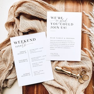 Carta de bienvenida minimalista y plantilla de línea de tiempo, línea de tiempo de fin de semana de boda imprimible, tarjeta de eventos de boda moderna, calendario de bodas, M2