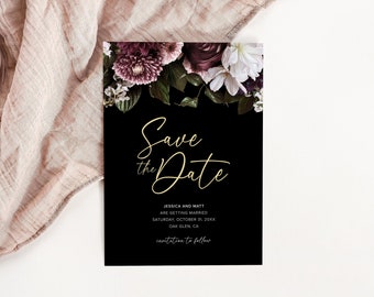 Floral Save The Date Template, Dark Moody Wedding, Botanical Save The Date Invite, Minimalist Wedding, Editable, Printable, D1