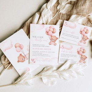 Bearbeitbare Bärenballons Babypartyeinladungs-Set Vorlagen, Boho Babypartyeinladung, Wir können bärig warten einladen, Windelverlosungskarte, 2B