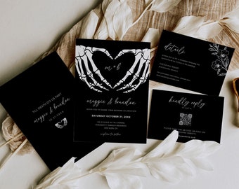 Skeleton Wedding Invitation Set Templates, Dark Wedding, Gothic Wedding Invitation, Editable Halloween Invitation, QR Code, Goth Wedding, B1