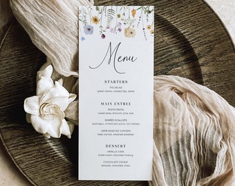 Modelo de menu de flores silvestres, menu de casamento floral, menu de chá de panela de flores silvestres Menu floral, cartão de menu de casamento de flores silvestres Menu de casamento Boho, S4