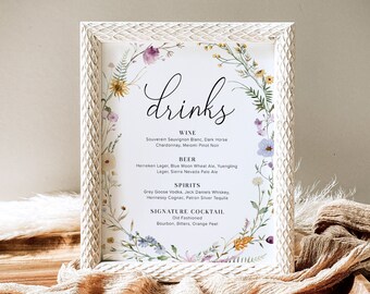 Plantilla de menú de barra de flores silvestres, letrero de barra floral, menú de bebidas de flores, menú de barra de bodas de flores silvestres, letrero de menú de barra floral, letrero de barra de bodas, S4