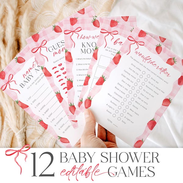 Sweet Berry Baby Shower Games Bundle Template, Strawberry Baby Shower Games Wavy Pink Baby Shower Games, Berry Sweet Baby Shower Games, 12B