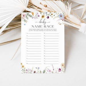Baby Name Race Baby Shower Game Template, Baby Name Alphabet Game, Wildflower Baby Shower Games Boho Baby Shower Game Printable, 5B