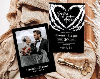 May include: Black and white save the date card with a skeleton hand heart design. The text reads "Save the Date" and "Hannah and Logan" with the date "October 20, 20XX".