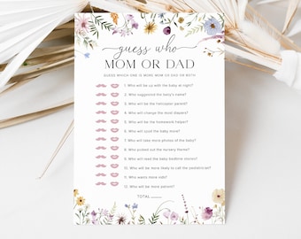 Guess Who Mom or Dad Baby Shower Game Template, Guess Who Mommy or Daddy Game, Wildflower Baby Shower Games Boho Baby Shower Trivia Game, 5B