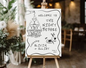 Plantilla de letrero para cena de ensayo, letrero de "La noche anterior", letrero de bienvenida para cena de ensayo dibujado a mano, letrero ondulado de boda con ilustración garabateada, H8