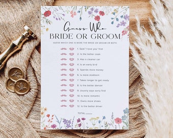 Plantilla de juego Adivina quién es la novia o el novio, Juego de despedida de soltera boho, Él dijo que ella dijo Juego de despedida de soltera floral, Quién conoce mejor a la pareja, T2