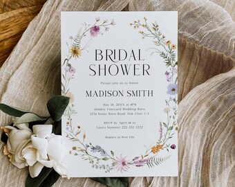 Modèle d’invitation à la douche nuptiale de fleurs sauvages, invitation à la douche nuptiale Boho, invitation à la douche nuptiale florale, invitation à la douche nuptiale de printemps, S4