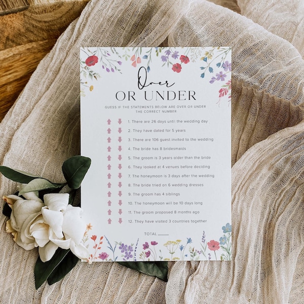 Over Or Under Bridal Shower Game, Boho Bridal Shower Game, Over Or Under Bridal Game Wildflower Bridal Shower Games Floral Bridal Shower, S2