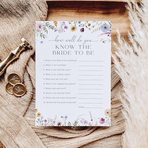 May include: A printable bridal shower game card with a floral border. The card has the title "How well do you know the bride to be?" and a list of 10 questions about the bride.