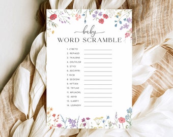 Word Scramble Baby Shower Game Template, Baby Word Scramble Game, Floral Baby Shower Wildflower Baby Shower Games, Baby Word Puzzle Game, 6B