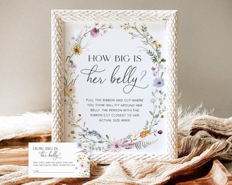 ¿Qué tan grande es su plantilla de juego de vientre, signos de baby shower de flores silvestres, juegos florales de baby shower, qué tan grande es el juego de baby shower de mamá, 5B?