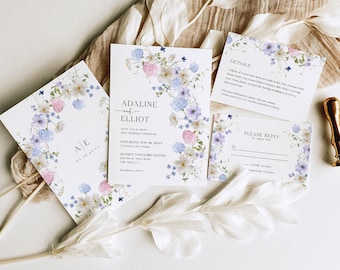 Spring Floral Wedding Invitation Template, Wildflower Wedding Invitation Boho Wedding Invite, Colorful Wildflowers Wedding Invitation, S6