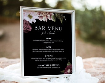 Moody Bar Menu Template, Dark Drink Menu, Floral Drinks Sign, Gothic Wedding Drinks Sign, Moody Drinks Menu, Editable Garden Bar Sign, D1