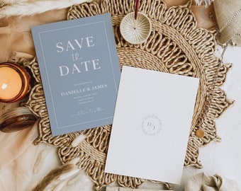 Moderne Staubblaue Hochzeit Save The Date Vorlage, Stahlblaue Hochzeit, Minimalistische Hochzeit, Bearbeitbare Einladung, Blau Save The Date Invite, B3