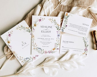 Modèle de faire-part de mariage floral, modèle de faire-part de mariage fleurs sauvages, faire-part de mariage bohème, faire-part de mariage floral printanier, S4