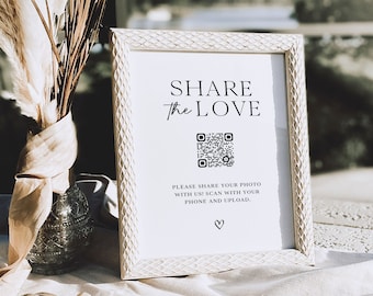 Share The Love QR Code Sign Template, Minimalist Wedding Reception Table Sign, Wedding QR Code, Capture The Love Sign, Wedding Photo Sign,M1