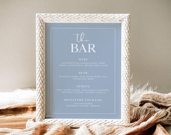 Dusty Blue Wedding Bar Menu Template, Minimalist Wedding Drink Menu, Modern Steel Blue Drinks Sign, Printable Drink Menu Sign, Editable, B3