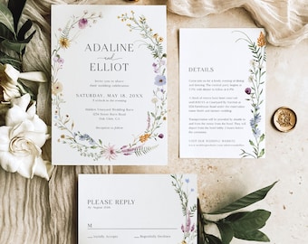 Modèle de faire-part de mariage fleurs sauvages, faire-part de mariage floral, faire-part de mariage de printemps, faire-part de mariage jardin, mariage bohème, S4