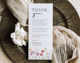 Boho Place Setting Thank You Template, Floral Thank You Place Card, Wildflower Wedding Table Thank You, Wedding Napkin Note, Thank You, S2