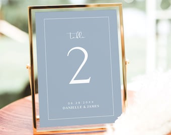 Plantilla de número de mesa de boda azul polvoriento, número de mesa de boda moderno clásico, números de mesa de boda azul, signo de número de mesa azul polvoriento, B3