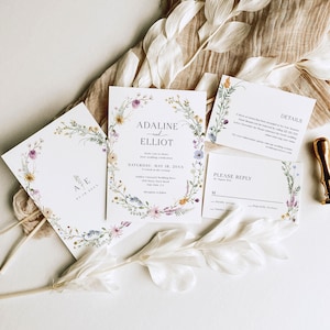 Floral Wedding Invitation Template, Wildflower Wedding Invitation Template, Boho Wedding Invitation Floral Spring Wedding Invitations, S4