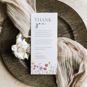 Boho Gedeck Danke Vorlage, Blumen Danke Tischkarte, Wildblumen Hochzeit Tisch Danke, Hochzeit Servietten Note, Danke, S2
