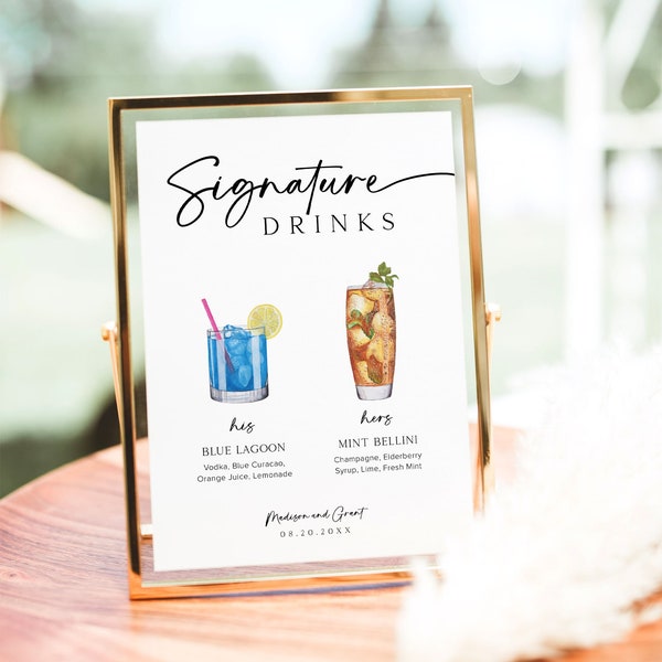 Signature Drinks Sign Template, Minimalist Signature Cocktails Sign, His and Hers Bar Sign, Modern Wedding Bar Menu, Editable Drink Menu, M1