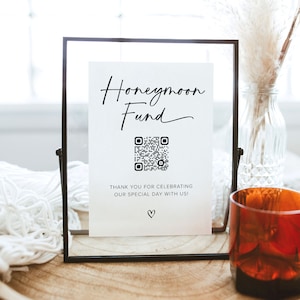 Modelo de sinal de código QR do fundo de lua de mel, sinal de fundo de lua de mel de casamento moderno, sinal de casamento com código QR Venmo, sinal de fundo de lua de mel de casamento Boho, M1