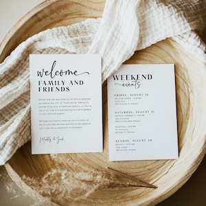 Modello di sequenza temporale degli eventi del fine settimana di nozze, ordine degli eventi del matrimonio minimalista, nota borsa di benvenuto del matrimonio modificabile, lettera di benvenuto moderna, M8