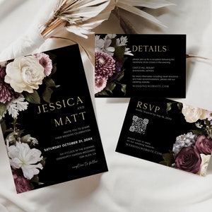 Stimmungsvolle Hochzeitseinladung Vorlagen, Dunkle Hochzeitseinladung, Juwel Ton Hochzeitseinladung, QR-Code, Schwarze Blumen Hochzeitseinladung, D1