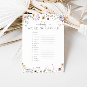 May include: A printable baby shower game card with a floral border. The game is called "Word Scramble" and includes a list of 14 words to unscramble.