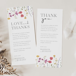 Modèle de remerciement de table de mariage Boho, carte de lieu de remerciement de fleurs sauvages, remerciement pour la mise en place, note de serviette de mariage florale, merci, S2