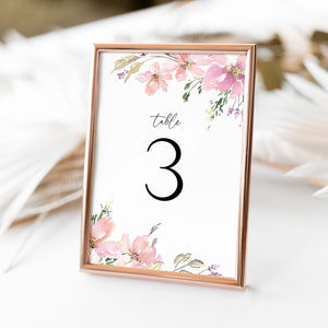 Boho Floral Wedding Table Numbers Template, Dusty Pink Blush Table Numbers, Botanical Wedding, Printable, Editable, Instant Download, F1 image 1